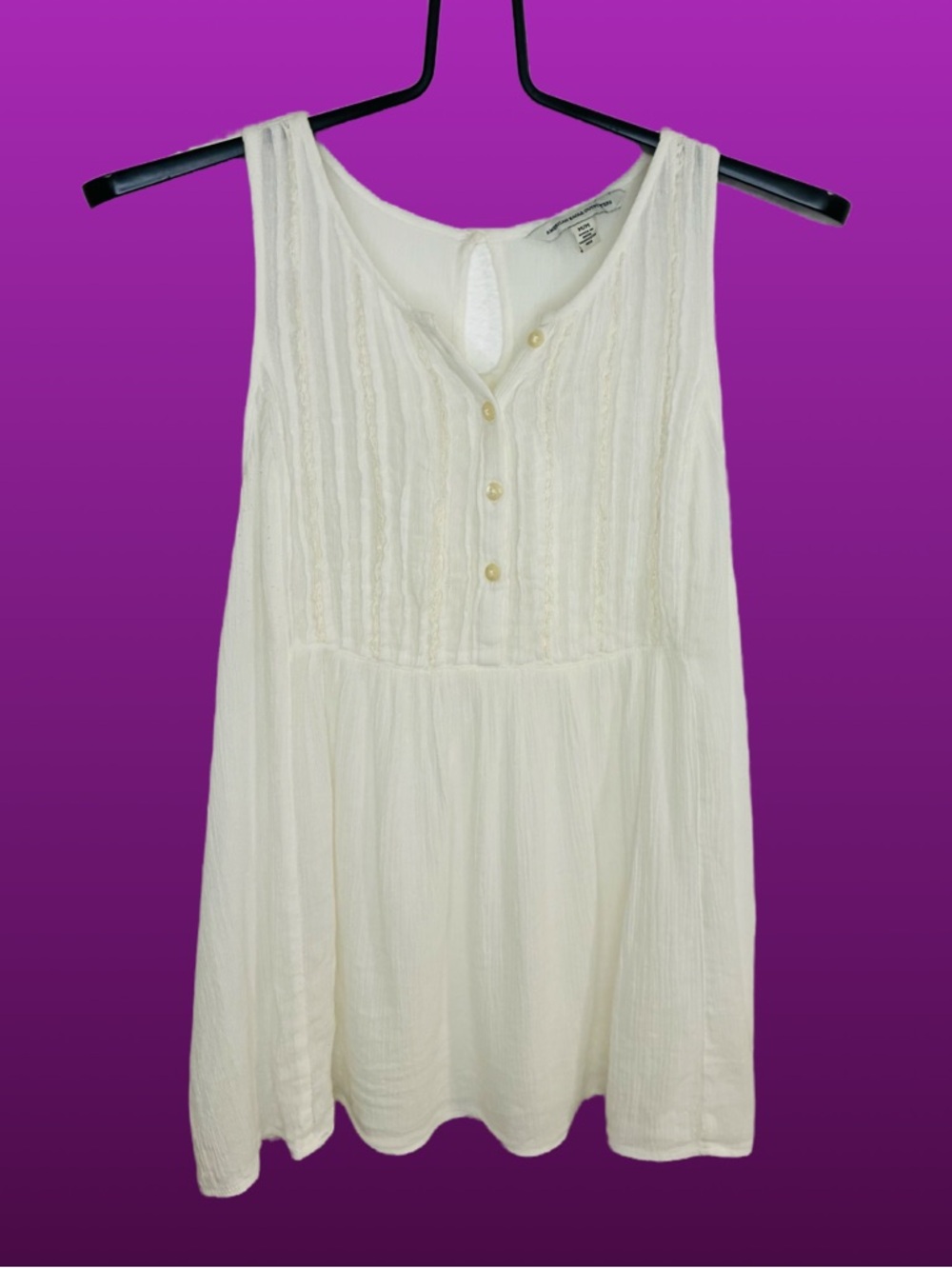 American Eagle Outfitters Cream Sleeveless Pintuck Henley Tank Sz.M